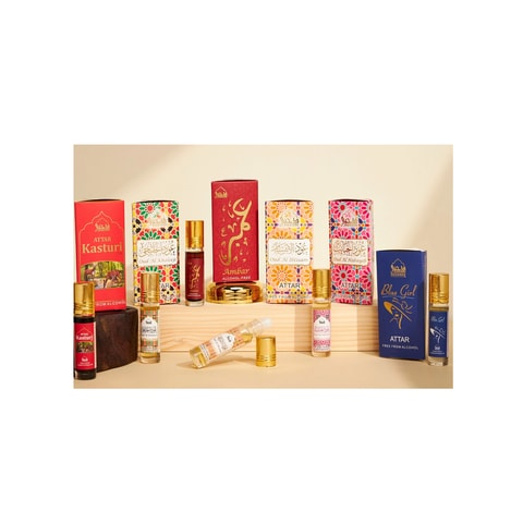 Pure Attar Oil Set - 6 x 6ml. Oud Al Ibtisam, Oud Al Khaleeji, Oud Al Habayeb, Kasturi XX (Black Musk), Ambar, Blue Girl