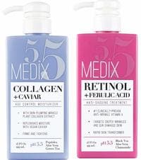 Medix 5.5 Retinol Cream and Collagen Cream Set. Medix 5.5 Retinol Cream with Ferulic Acid targets Crepey Skin, Wrinkles and Sun Damaged Skin. Collagen Cream firms and tightens Sagging Skin. Two 15oz