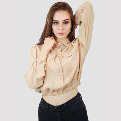 KIDWALA Size L,  Women&#39;S Tops, Tees &amp; Blouses Beige Cropped Front Two Pocket Bomber Jacket Elastic Waistband &amp; Wristband Blouse With Collar Neckline With Long Sleeve, Buttons Up Top, Crop Top