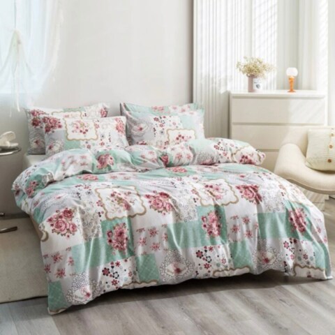 LUNA HOME King size 6 pieces Bedding Set without filler, Light Green Color Floral Design