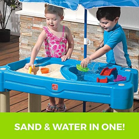 Step2 Cascading Cove Sand And Water Table With Umbrella Kids Sand And Water Play Table With Umbrella 6, Pc Accessory Set Included, Blue