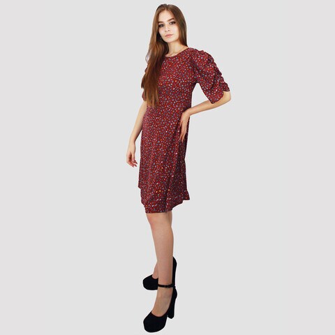 KIDWALA Size L, Women&#39;S Short Floral Print Dress, Puff Sleeves Maroon Red Dress, Elbow Sleeve Length, Tear Drop String Back Neckline With Front Round Neckline, Evening Ladies Dress