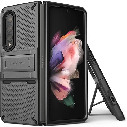 VRS Design Quick Stand Pro designed for Samsung Galaxy Z Fold 3 5G case cover (2021) with Kickstand - Metal Black (Dark Silver)