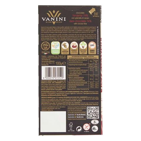 Vanini 74% Dark Chocolate Bar 100g