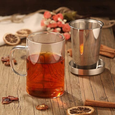 Buy Lushh Clear Glass Tea Mug Cup with Stainless Steel Infuser Lid