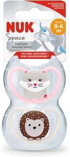 Buy Nuk Space Orthodontic Silicone Soother (2 Pcs), 0-6 Months, Assorted Colours And Designs (Pink Cat And White Hedgehog, Blue Penguin And White Fox) in UAE