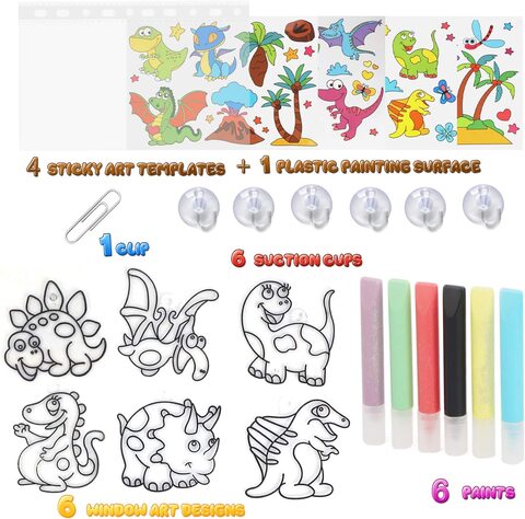 Dinosaur Suncatcher Kit for Kids, Dinosaur Window Art Craft Kit for Boys and Girls, Includes 6 Dinosaur Sun Catchers, 6 Paints, 4 Templates and More, Double Kit - Window Art and Sticky Suncatcher Art
