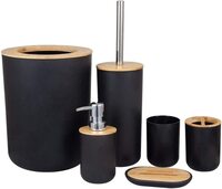 Bathroom Accessories Set, Bamboo, 6 pcs Gift Set Toilet Brush, Soap Dispenser, Waste Bin, Toothbrush Holder, Soap Dish Cup Set, Black