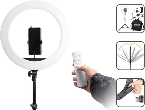 Promage 18 Inch Ring Light Led Stepless Dimming 180 Degree Rotating USB Interface With Mirror, Light Remote, 3 Phone Holder Hot Shoe Mount