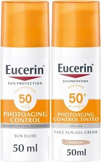 Eucerin Face Sunscreen Anti-Age Combo Pack, Sun Fluid Photoaging Control SPF50, 50ml + Sun Gel-Cream Photoaging Control Tinted SPF50+, 50ml, For All Skin Types