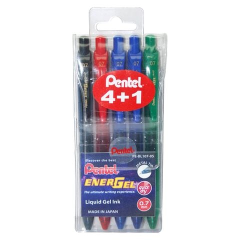 Pentel Energel Metal Tip Liquid Gel Ball Pen Multicolour 0.7mm 5 PCS