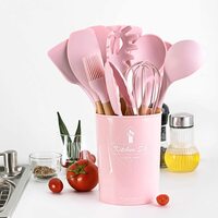 U-Hoome 11 Pcs Silicone Kitchen Utensils Set With Holder, Cooking Utensil Sets Spatula Turner Heat Resistant Tool Gadgets With Wooden Handle For Nonstick Cookware, Pink