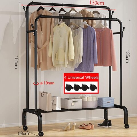 Jjone Clothing Garment Rack, Metal Double Rail Hanging Clothes Storage Shelf For Boxes, Shoes, Boots, Commercial Grade, Multi-Purpose, Entryway Shelving Unit For Home Office Bedroom (X037-218Black)