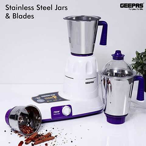 Geepas 750W 3-in-1 Mixer Grinder - Multifunctional Grinder with Stainless  Steel Jars & Blades - 3 Speed, Safety Twist Lock - Perfect for Dry & Wet  Fine Grinding Mixing Juicing - 2 Year Warranty