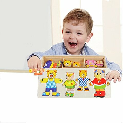 Wooden Jigsaw Puzzle Bear Family Dressing Up Game Toy for Kids Boys Girls 