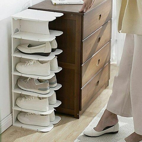 Assembly 6 Layers Stackable Shoe Rack Stand, Adjustable Shoe Shelf for Entryway, Hallway, Closet(White)