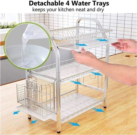 Silver and Black Drying Dish Rack Detachable 2 Tier Dish Rack with  Drainboard for Kitchen Counter