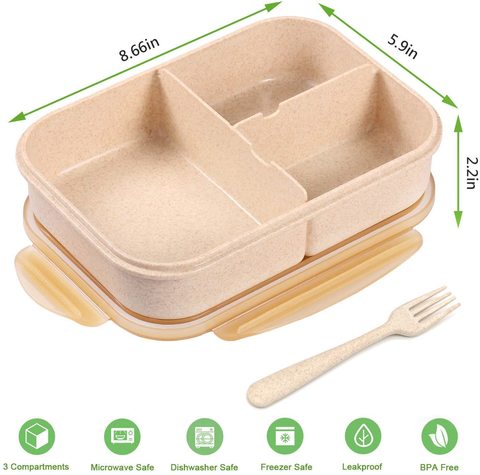 NuSense Bento Box for Adults Wheat Lunch box for Kids 3 Compartments Anti-Leakage Food Container Microwave Safe (Wheat)