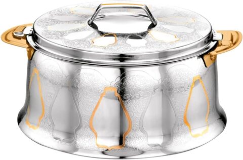 Royalford 3500ml Emperor Stainless Steel Hotpot- Rf11440 Food-Grade Hot And Cold Hotpot With Double Wall Vacuum Insulation, Silver And Golden