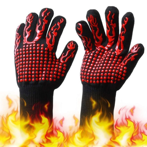 KKmoon-Barbecue Gloves with Silicone Anti-slip Stripe Heat Proof Oven Gloves 500~800℃ Heat Resistant Grill Gloves for Outdoor Barbecue Garden Grilling Kitchen Cooking Welding