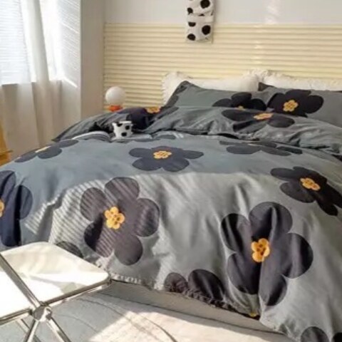 LUNA HOME King size 6 pieces Bedding Set without filler, Grey Color With Dark brown Flower Design