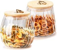 1CHASE&reg;️ Borosilicate Glass Storage Jars With Airtight Bamboo Lid And Metal Handle, Petal Decorative Containers, To Store Coffee Beans, Tea, Spices Etc Set of 2 (Oval &amp; Conical) 600/700ML&hellip;