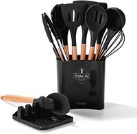 Silicone Cooking Utensil Set,Silicone Kitchen Utensil Set-13pcs,Wooden Handles Utensils Tool for Nonstick Cookware,Non Toxic Heat Resistant Kitchen Tools Set With Storage Bucket And Lid Rest