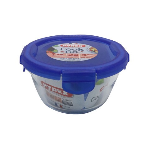 Pyrex Cook &amp; Go Glass Round Food Container With Lid Blue And Clear 700ml