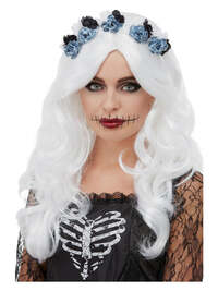 Smiffy&#39;s Day of The Dead Wig with Flowers- White
