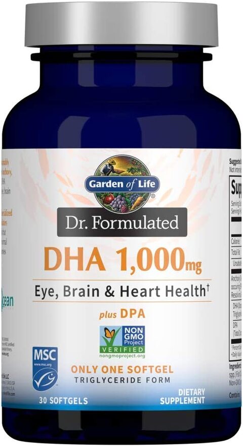 Garden Of Life Dr. Formulated Dha 1,000mg Fish Oil, Lemon, Once Daily 1000mg Dha + Dpa In Triglyceride Form, Single Source Omega 3 Supplement For Ultimate Eye, Brain &amp; Heart Health, 30 Softgels
