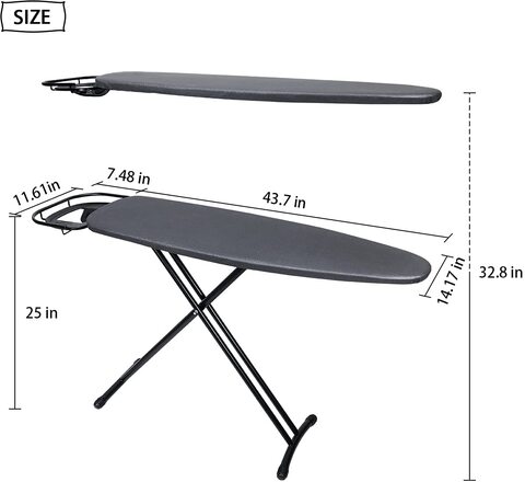 Enmac Black Ironing Board, Heat Resistant Iron Board With Steam Iron Rest, Foldable Ironing Stand. with dork Gray Color structure 130 x 50 cm