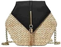 Aiwanto Women Handbag, Straw &amp; Leather Bag, Summer Beach Handbag, Chain Shoulder Ladies Purse, Bohemian Woven Crossbody Bags.