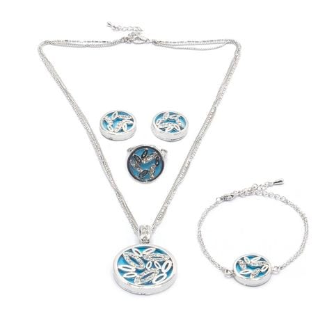 Tanos - Fashion Silver Plated Chain (Necklace/Earring/Ring) Set  Turquoise color Buttefly/Flower Design