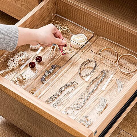 Buy Desk Drawer Organizer Vanity and Desk Drawer Storage Bin Clear Plastic Drawer  Organizer Trays Layout Storage Box (4 dividers) Online - Shop Home & Garden  on Carrefour UAE