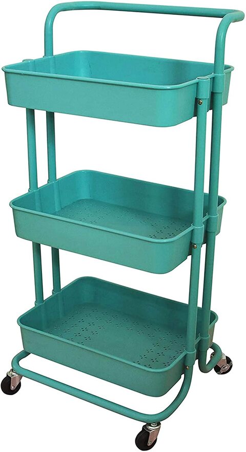 Rolling cart, 3-Tier Utility Rolling Cart Multifunction Storage Service Cart with Handle and Lockable Wheels for Kitchen Bathroom Office Laundry Room (Blue)