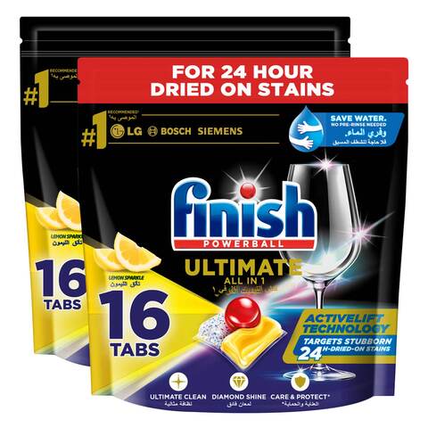 Finish Powerball Ultimate All in 1 Lemon Sparkle Dishwasher Tablets For Clean and Shine, 32 Tabs (16 Tabs, Pack of 2)