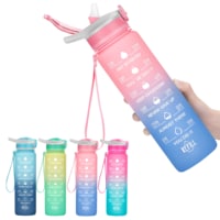 HEXAR&reg; 1L Leakproof Motivational Sports Water Bottle with Straw &amp; Time Marker, Flip Top Durable BPA Free Tritan Non-Toxic Frosted Bottle Perfect for Office, School, Gym (Single Pack, Peach &amp; Blue)