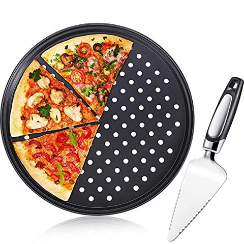 Generic Pizza Crisper Set, Carbon Steel Pizza Pans Perforated Non-Stick Tray With Holes, Stainless Steel Cake Pizza Cutter Tart Dessert Slicer For Home Restaurant Hotel Use, 2 Pieces