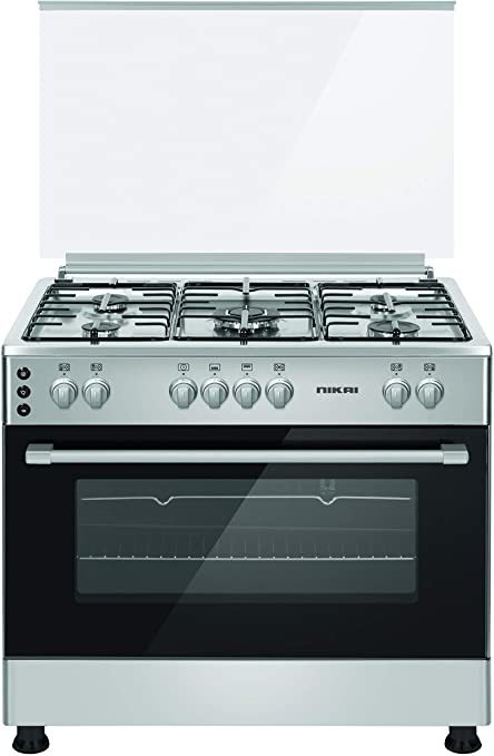 Nikai Gas Cooking Range 5-Burner With Oven Size 90 X 60 Cm Silver Color With Silver Top And Glass Lid Model-U6090Eg, 1 Year Warranty