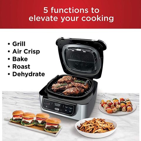 Nutri Ninja Foodi Ag 301 5 In 1 Indoor Electric Countertop Grill With 4 Quart Air Fryer, Roast, Bake, Dehydrate, And Cyclonic Grilling Technology, 1760 Watts, Silver