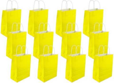 SHOWAY Paper Gift Bags 12 Pieces Set Eco-Friendly Paper Bags With Handles Bulk Paper Bags Shopping Bags Kraft Bags Retail Bags Party Bags 15X21X8Cm Color Yellow,