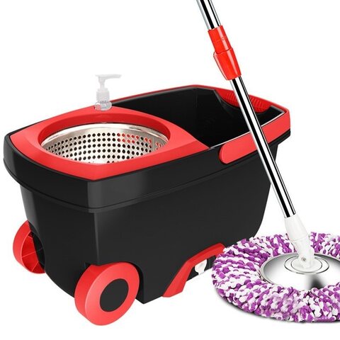 DELCASA Spin Mop Stainless Steel 360 with Bucket, Automatic Rotary Floor Cleaning System,1 Extra Microfiber Mop Heads Easy Press Handle Mop, Spin Mop, Spinning Mop and Bucket Black