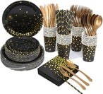 Buy Doreen Black and gold plate and napkin set, 25 X 8 pieces, gold dot disposable party cutlery, including trays, napkins, cups, straws, plastic fork knives and birthdays（GC1570A） in UAE