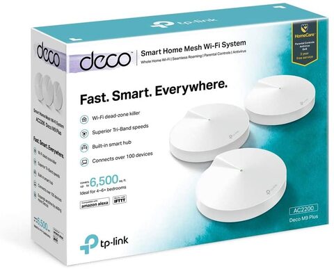 TP-Link Deco M9 Plus Whole Home Mesh Wi-Fi System, Up to 6500 Sq ft coverage, Tri-Band AC2200 with Gigabit Ports, Compatible with Amazon Echo/Alexa, HomeCare Antivirus and Parental Controls, Pack of 3