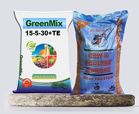 Bundle-pack of Desert Energy Fruit &amp; Flower NPK Fertilizer 15-5-30+2Mgo+TE   25 KG + Cow &amp; Poultry Manure Compost Blend   25 kgs.