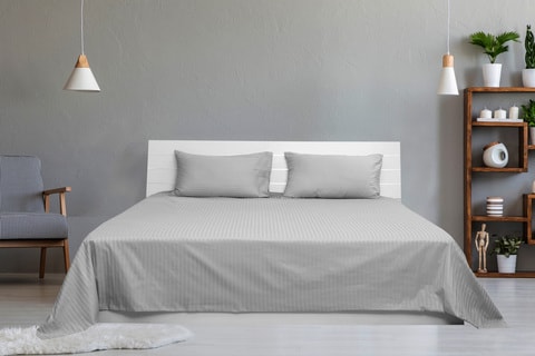 Hotel Linen Klub Double Bed Sheet 3pcs Set , 100% Cotton 250Tc Sateen 1cm Stripe, Size: 220x240cm + 2pc Pillowcase 50x75cm , Silver