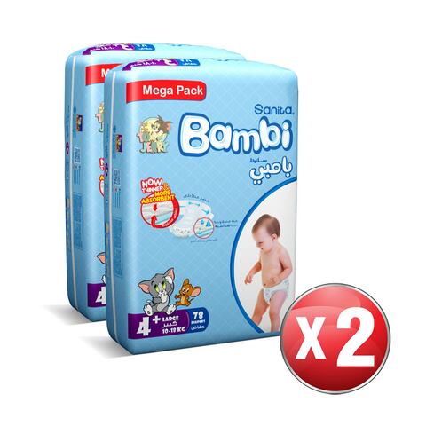 Sanita Bambi Baby Diapers Mega Pack Size 4+  Large plus  10-18 KG  78 Count twin pack