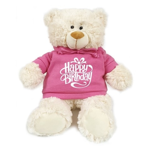 Caravaan - Soft Toy Teddy Cream with Happy Birthday on Pink Hoodie Size 38cm