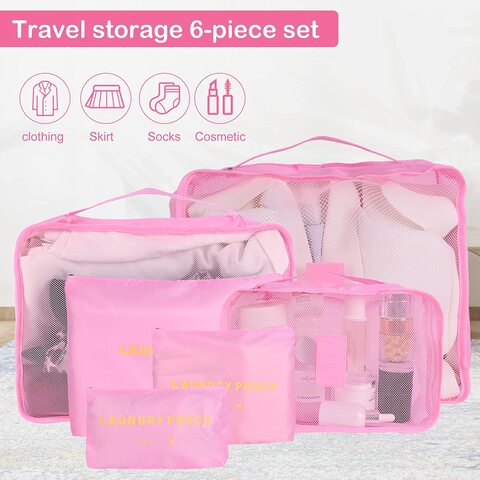 SKY-TOUCH 6pcs Set Travel Luggage Organizer Packing Cubes Set Storage Bag Waterproof Laundry Bag Traveling Accessories - Pink