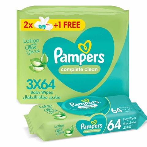 Pampers Baby Wet Wipes, Complete Clean, 3 Packs x64, 192 Wipes